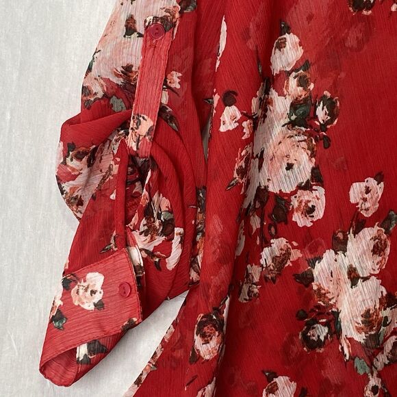 KUT FROM THE KLOTH Blouse Floral Sheer Faux Wrap Roll TabSleeves Womens XL Red - Picture 3 of 12